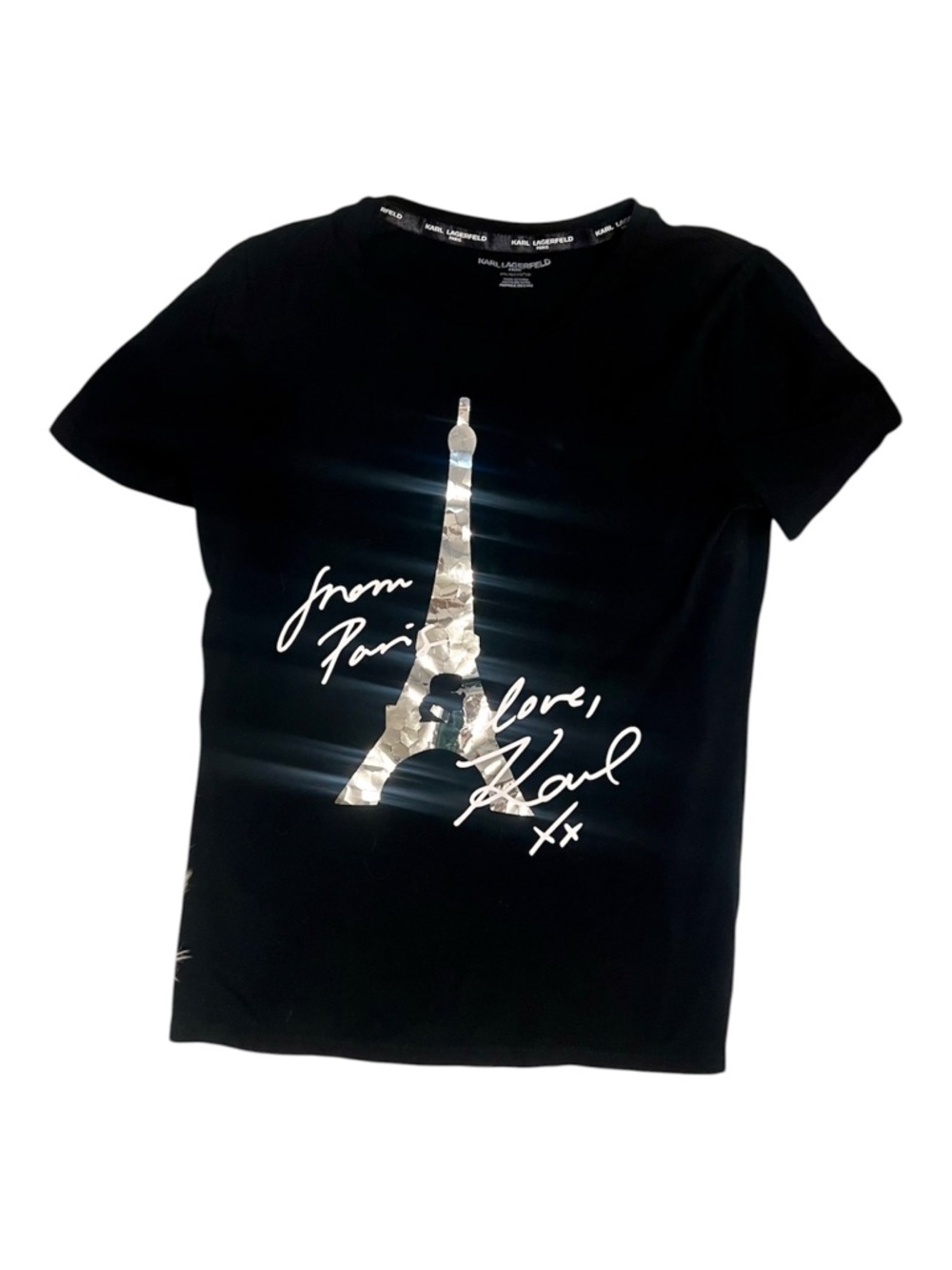 Karl Lagerfeld Paris Silver Eiffel Tower Graphic T-Shirt Black Large Iconic